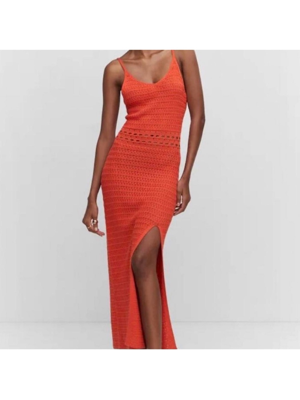 Mango side slit knit dress, Coral Red